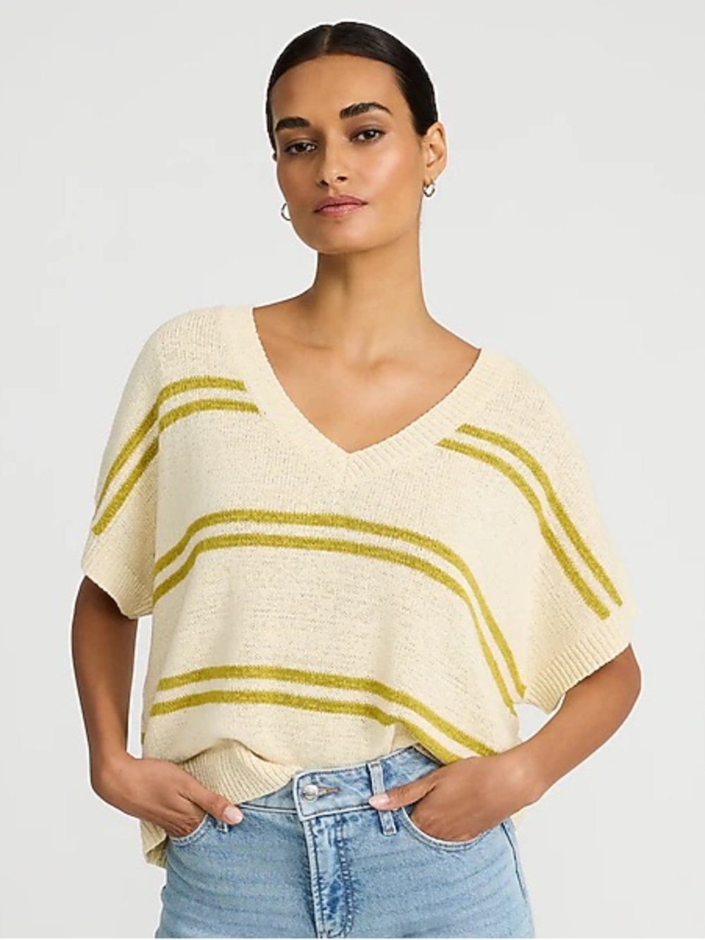 Carly Jean Los Angeles Cream V-Neck Striped Knit Short Sleeved Sweater - Picture 1 of 4